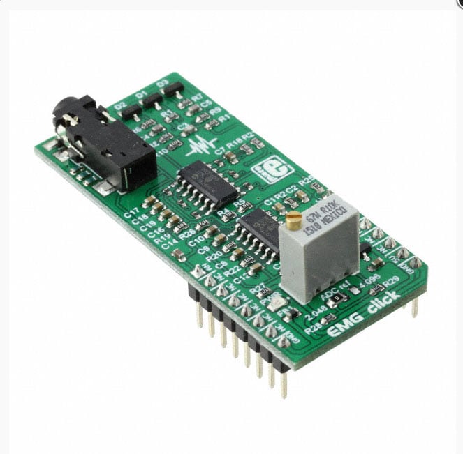 Image of MikroElektronika's MIKROE-2621 EMG Click Board™ with Microchip MCP609 Op Amp and Maxim MAX6106 Voltage Reference